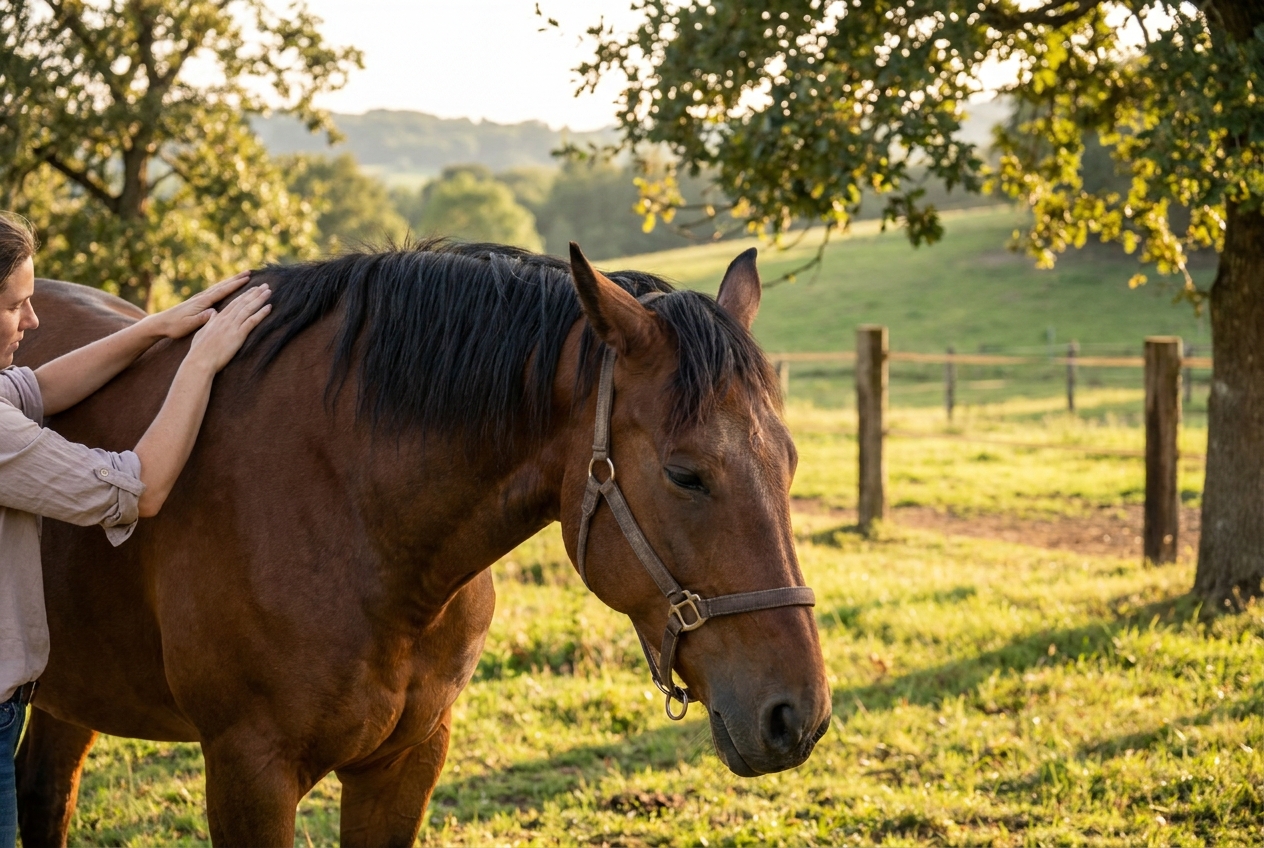 Gentle hands performing WEBB bodywork on a calm horse
