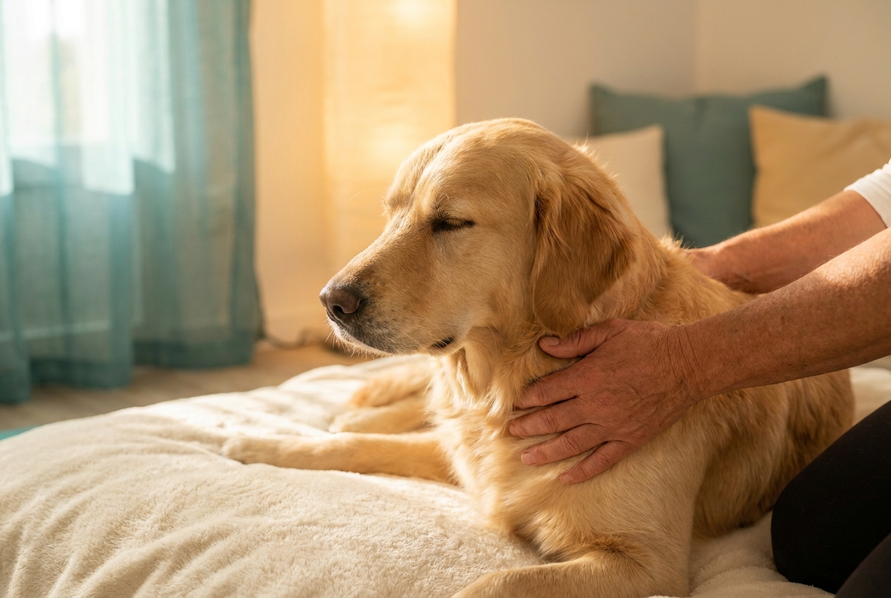 Gentle hands performing WEBB bodywork on a relaxed dog