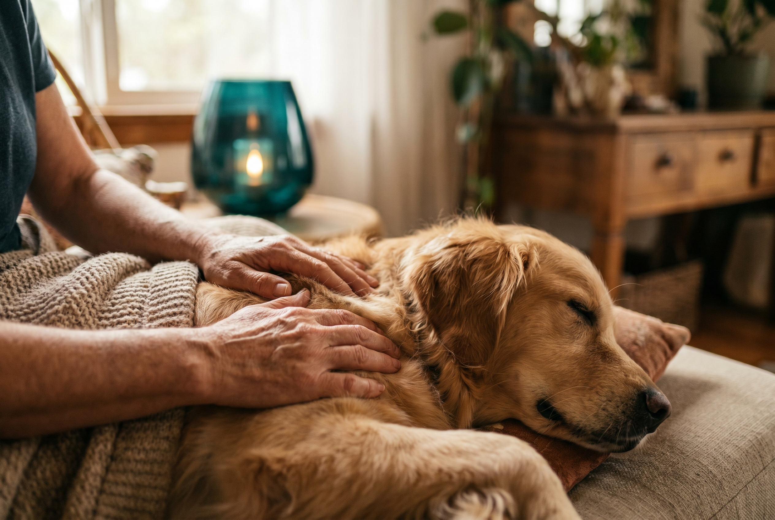 Gentle hands performing WEBB bodywork on a calm, relaxed dog